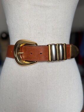 Streets Ahead Tan Leather Belt with Gold & Silver-Tone Buckle